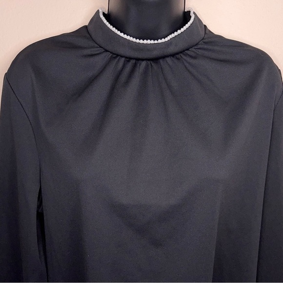 Vintage Ko Ko Knit Black Mock Neck Blouse Long Sleeve High Collar Pearl Accent - Picture 7 of 12